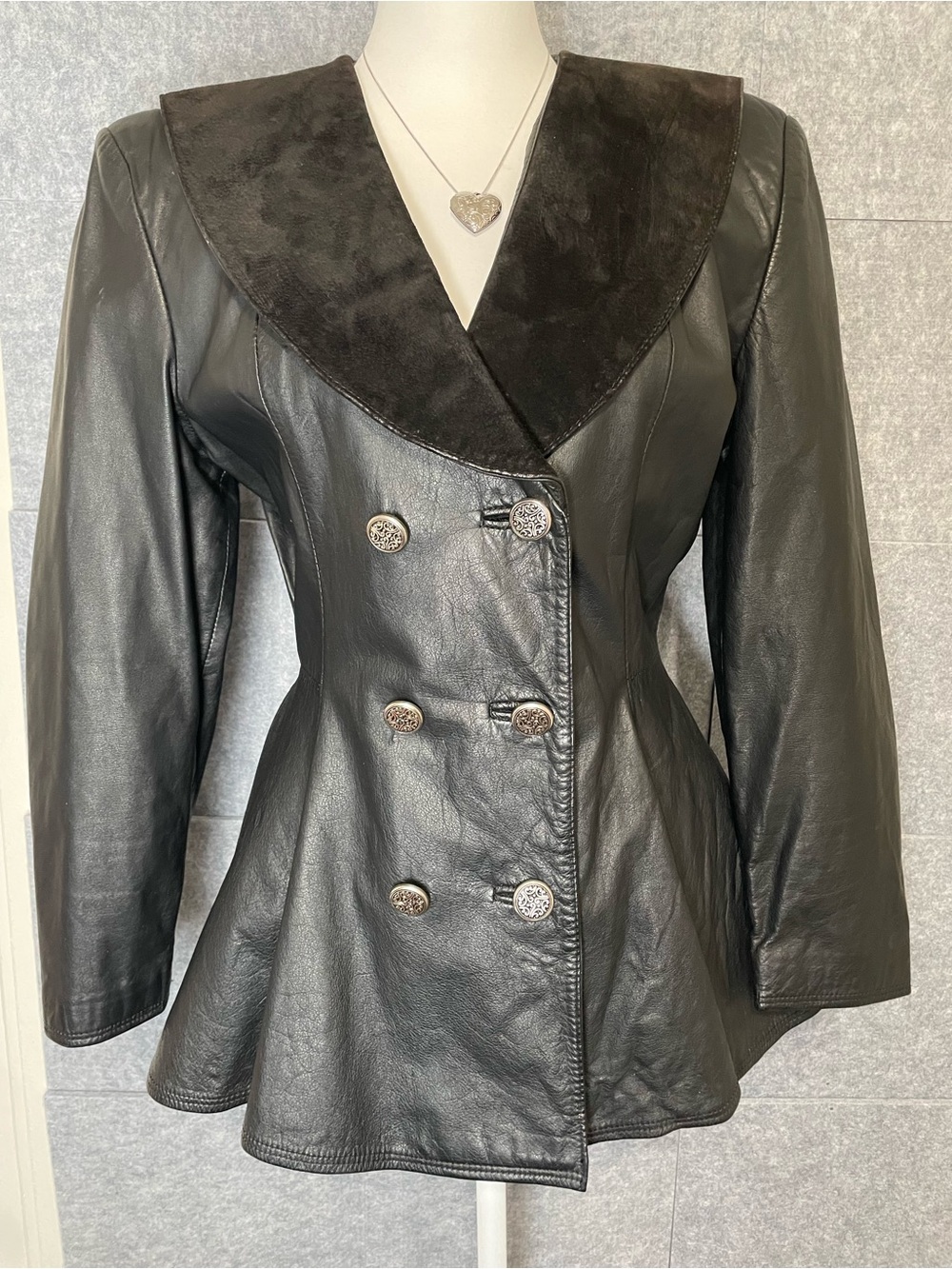 Vintage CHIA Genuine Leather Peplum Jacket Suede Collar Steampunk Victorian M